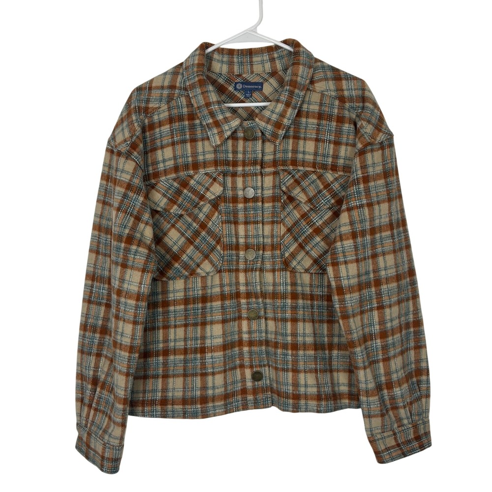 Democracy Plaid Shacket Cropped Brown Rust Button Front Shirt Jacket Women LARGE